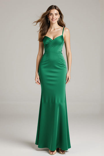 Robe longue formelle en satin vert sirène spaghetti bretelles